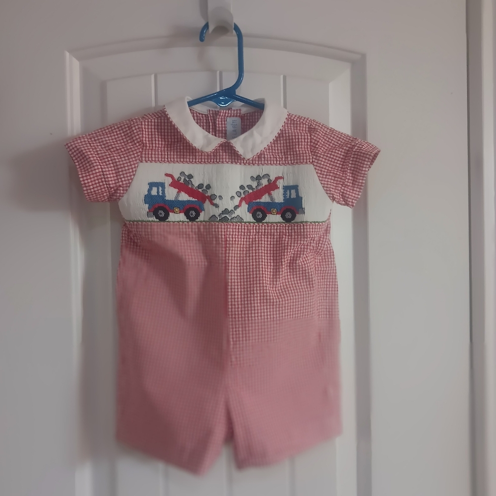 VIVE LA-FETE Dump Trucks Button Back Button Crotch 6 mo Check Onesie